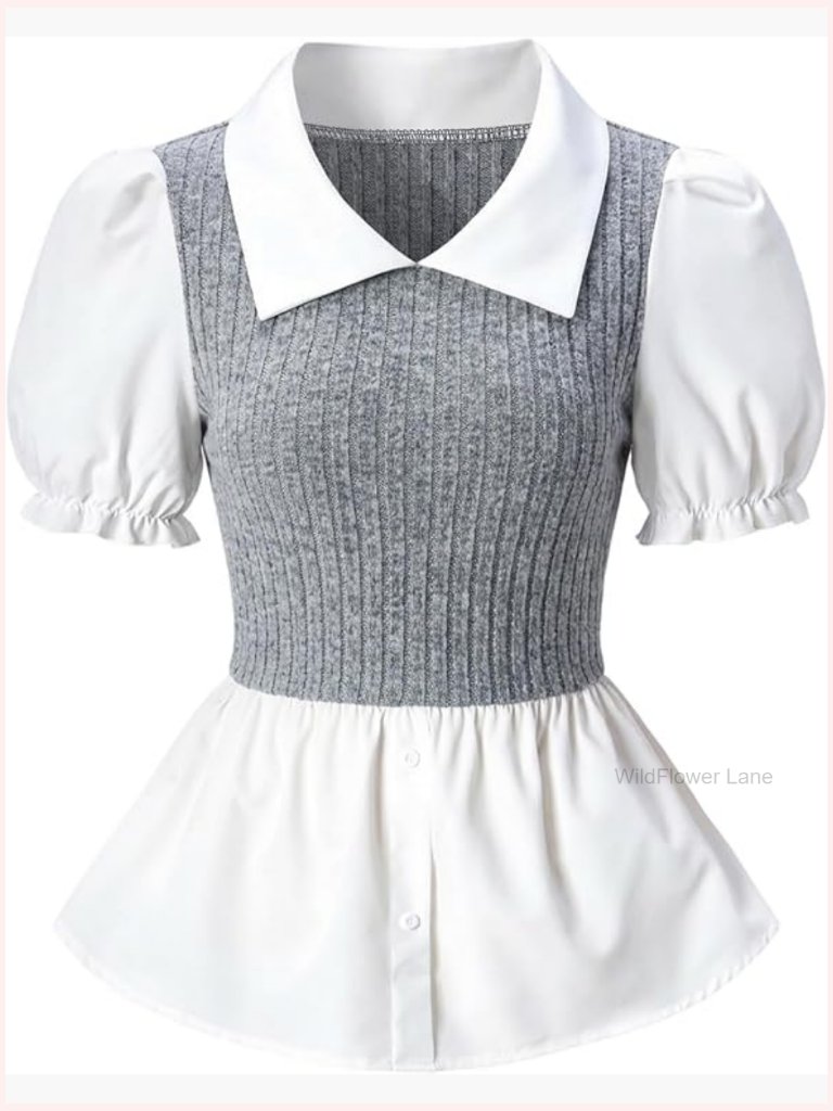 Color Block Peplum Blouse Puff Sleeve Collared Button Shirt Work Office Tops